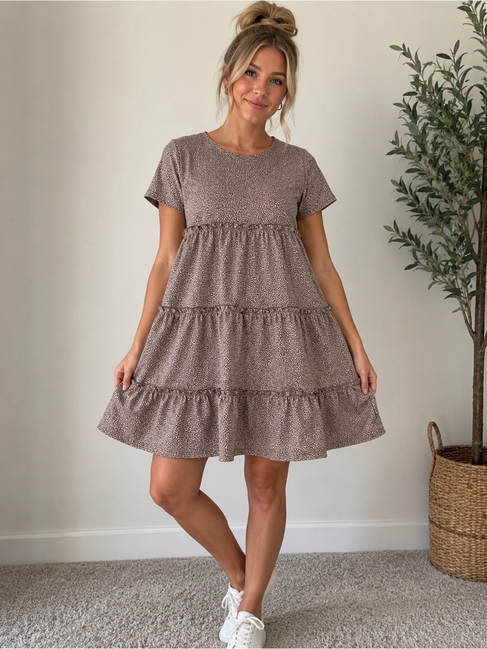Tiered Short-Sleeve Swing Dress in Taupe Microprint